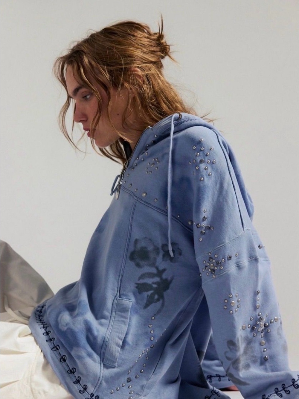 Free People Sliver Studded Embroidered Floral Hoodie Size M Sold Out and Rare!